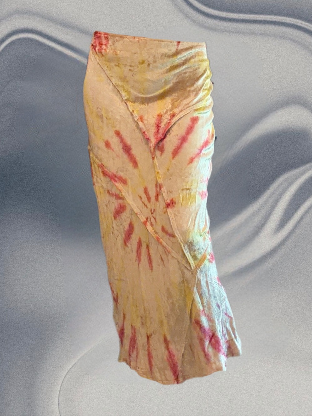 Free People Velvet Yellow Tie-Dye Midi Skirt with Pink Accents